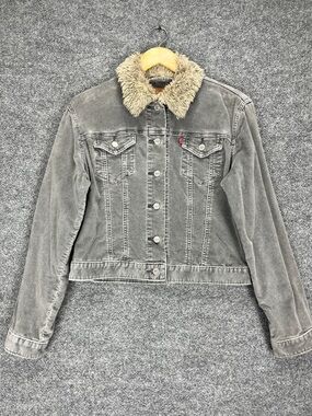 Levi’s Corduroy Button Up Jacket Women Medium Faux Fur Collar Grey Cotton